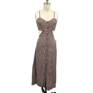 New Flynn Skye Mallory Dress Womens S Taupe Pink Floral Rayon Cut Out Waist